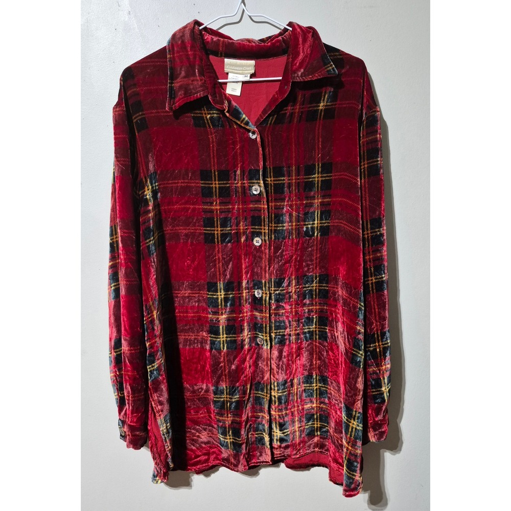 Coldwater Creek Red Plaid Velvet Silk Blend Button Down Shirt Womens Medium